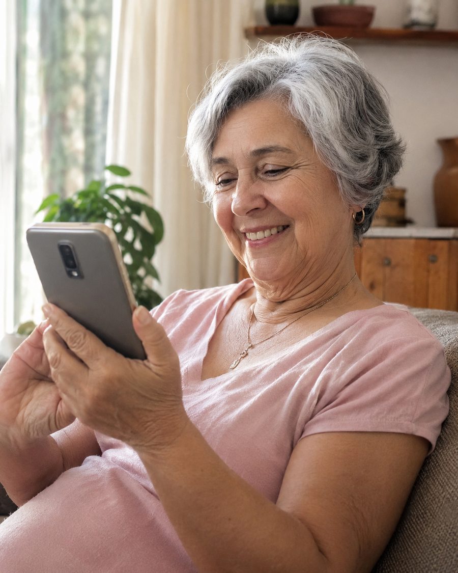 Pessoa 60+ usando o celular com confiança, sem medo