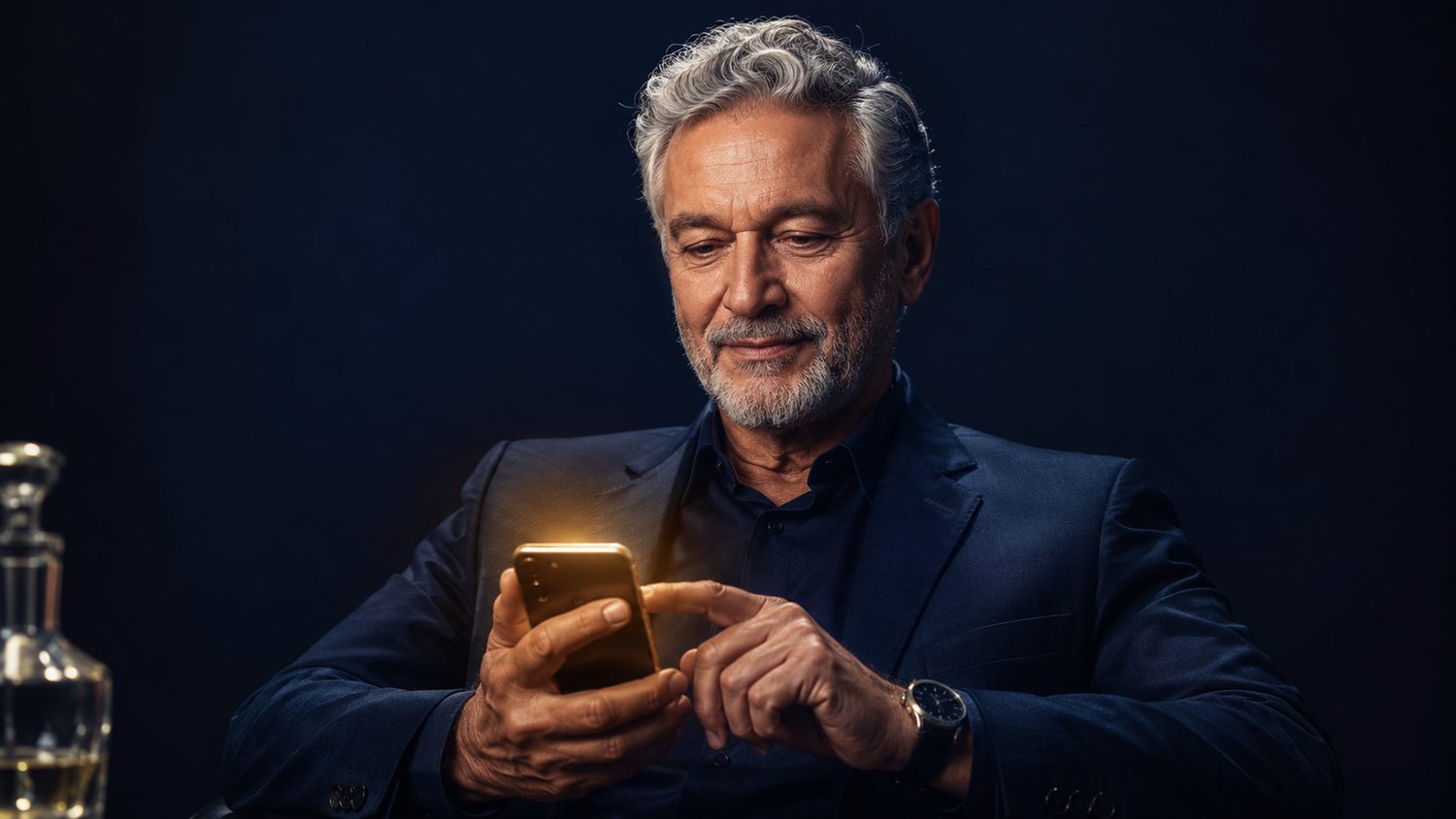 Homem 60+ protegido contra golpes usando o celular com segurança